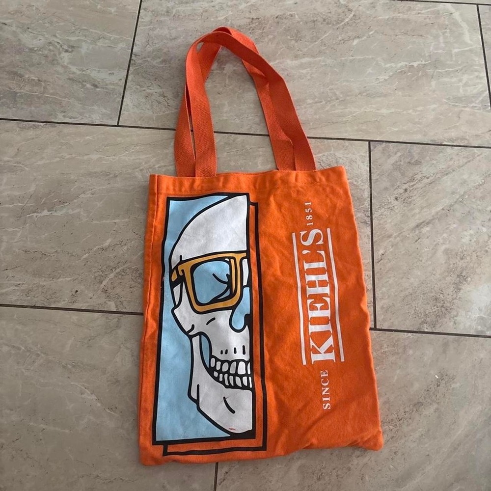 Kiehls Orange Canvas Tote Bag White Skull Graphic Glasses Reusable Shopper